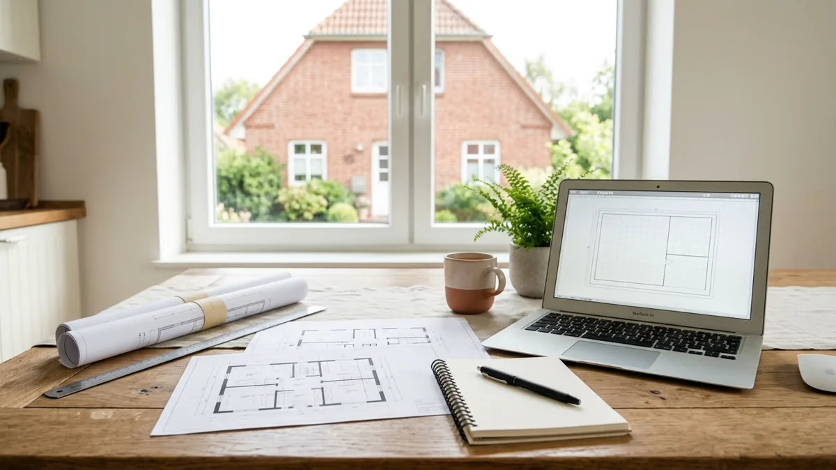Unterlagen und Laptop auf einem Tisch zur Bewertung eines Hauses in Norddeutschland